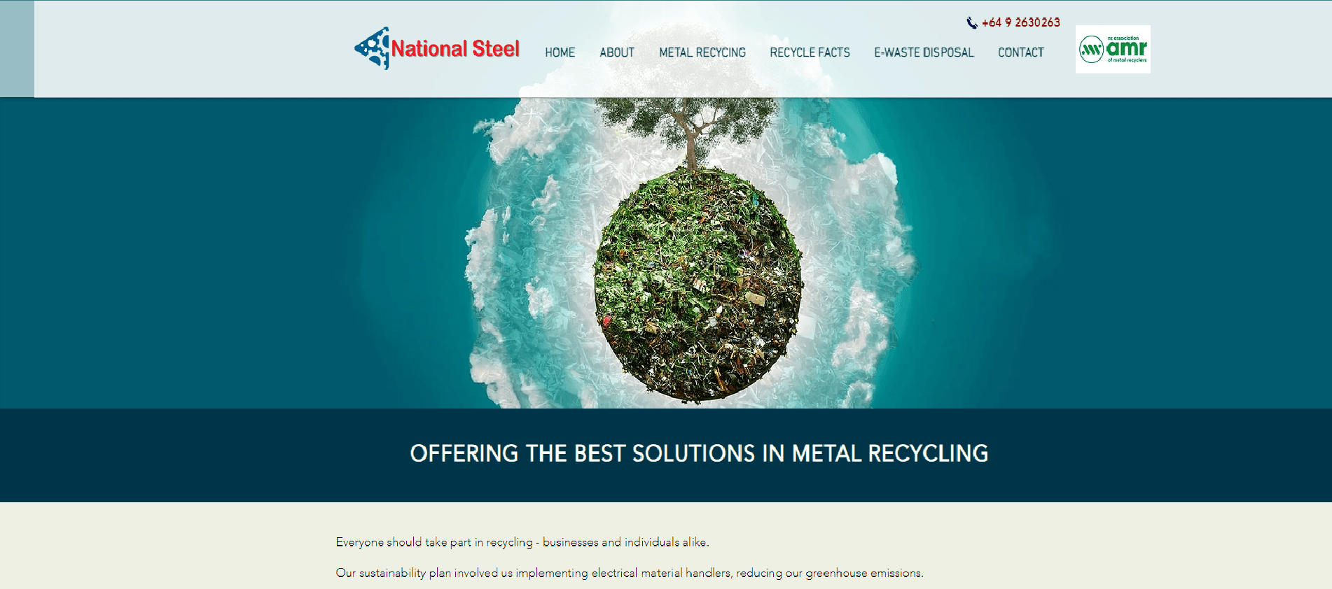 Website banner with globe made of foliage, featuring National Steel and recycling services.