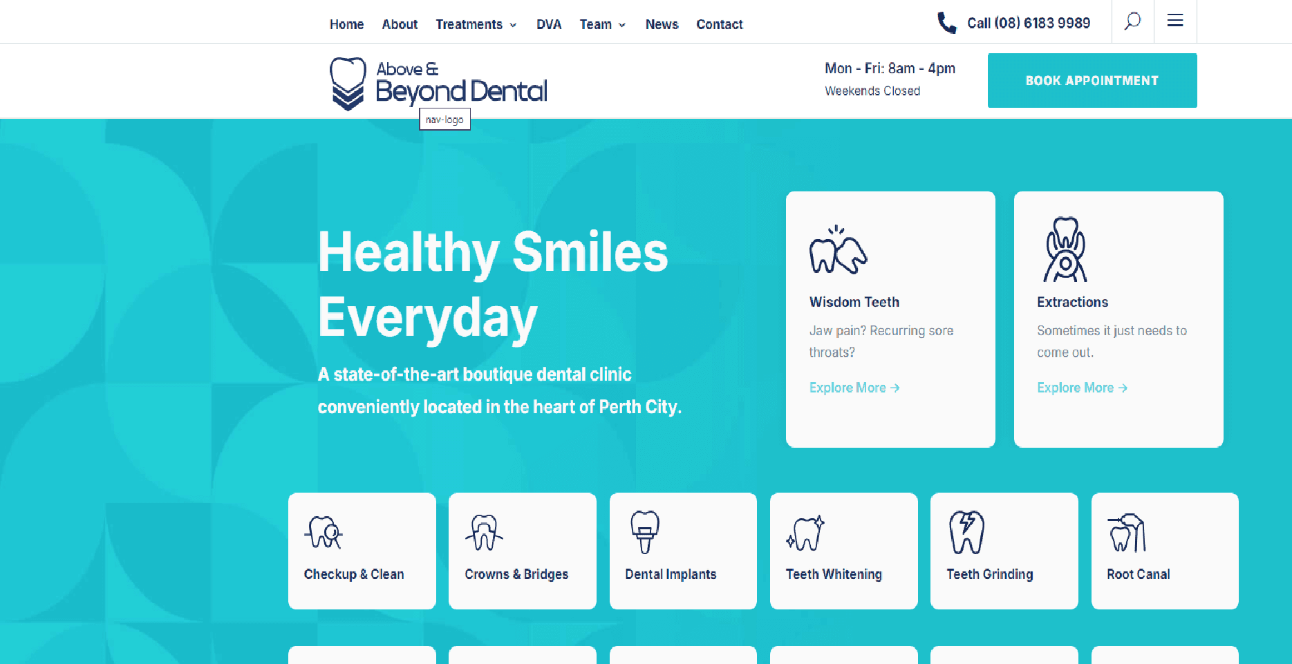 Dental clinic website homepage offering various treatments and appointment booking.