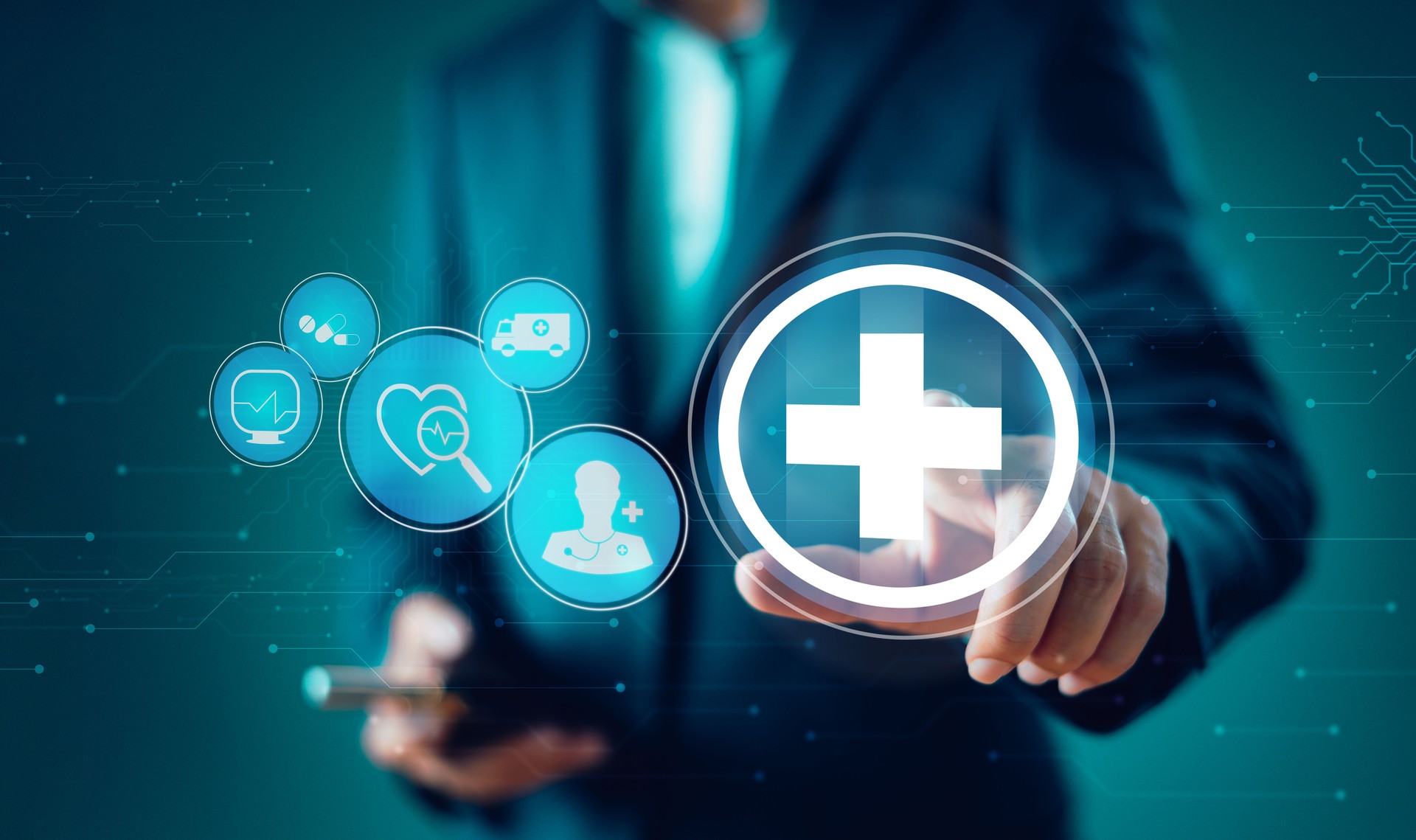 Medical business technology concept. Hospital innovation equipment background. Doctor health care insurance. Ai tech research healthcare data. Businessman virtual medical network connection icons