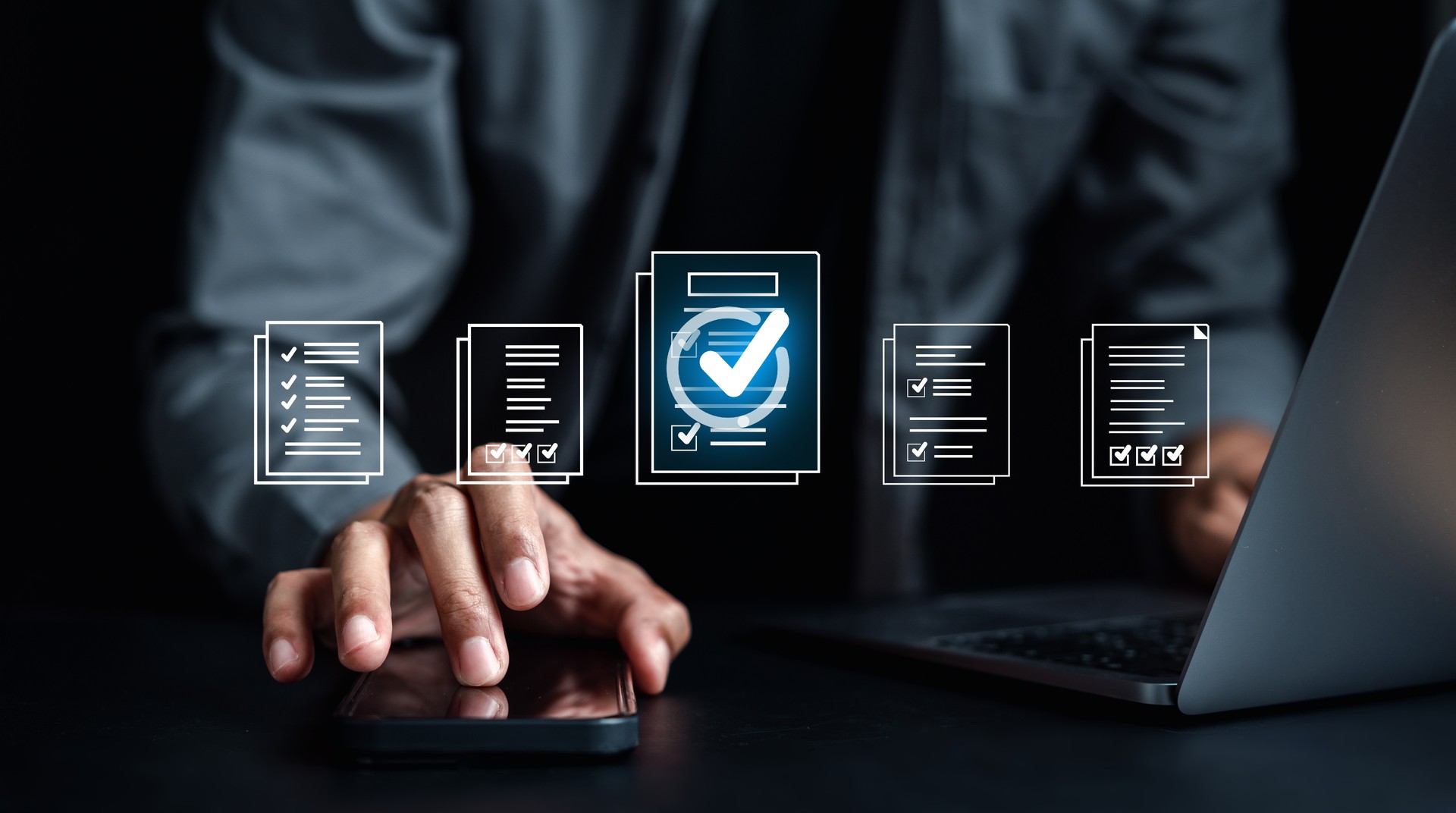 Document Management Checking System, online documentation database and process manage files, Magnifier check and focus to document folder, documentation. Corporate business technology concept.